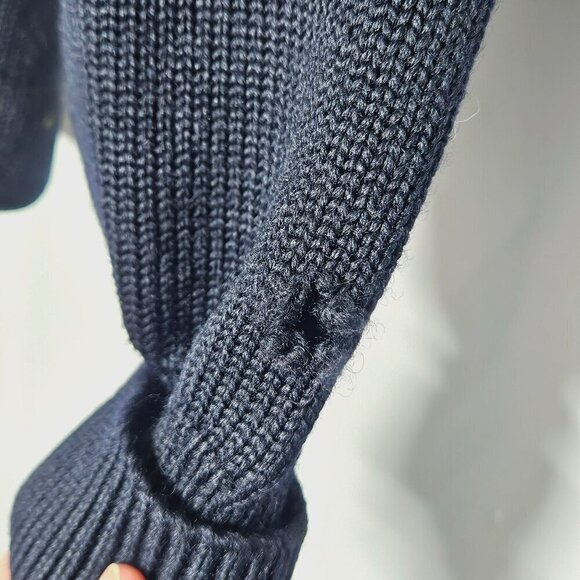 Vintage Men's Navy Lettermans Cardigan Sweater Yellow Stripes Pockets Flawed S - Picture 3 of 11